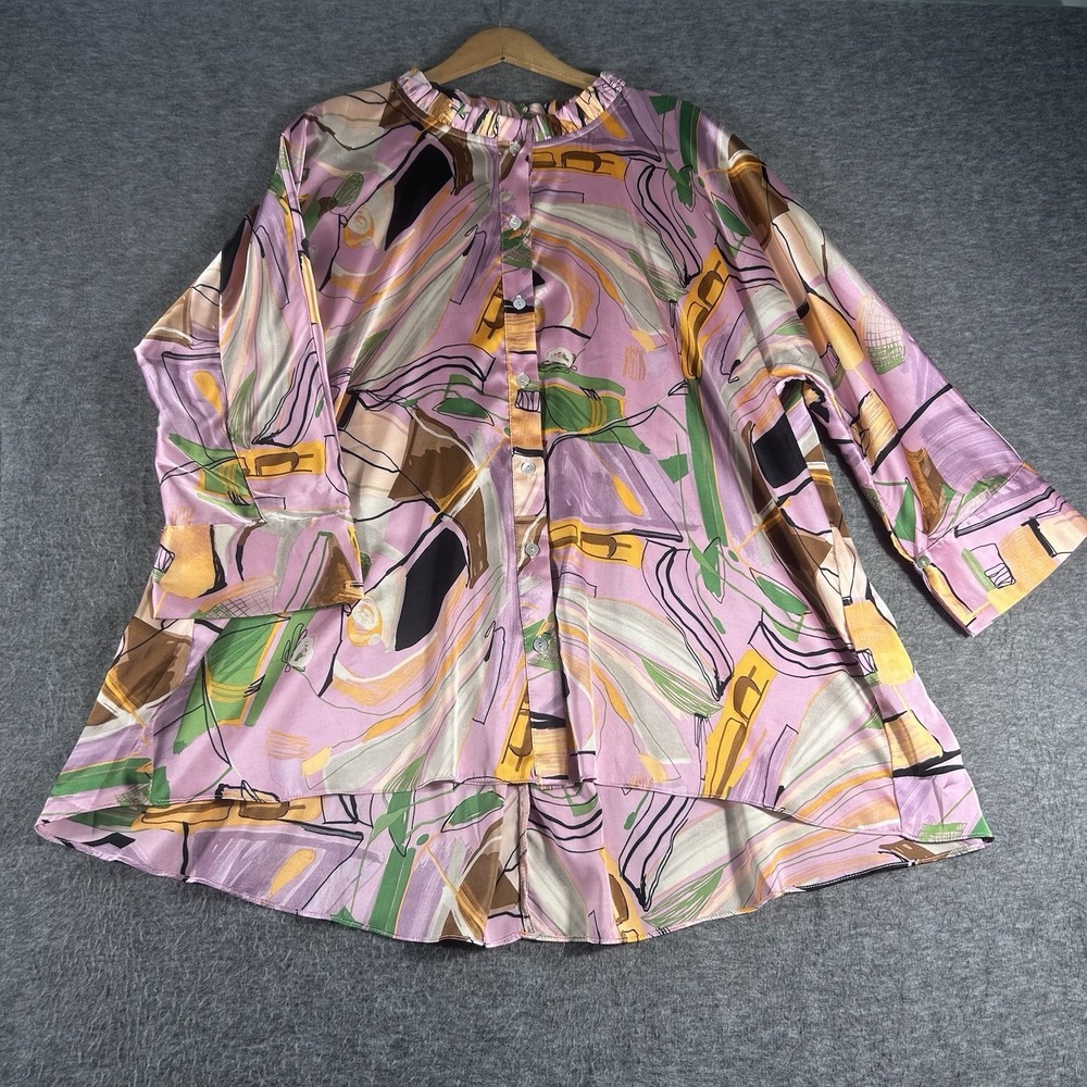 Jodifl Womans Boutique Blouse Tunic Top Pink Abstract L Ruffle Neck Flowy Boho